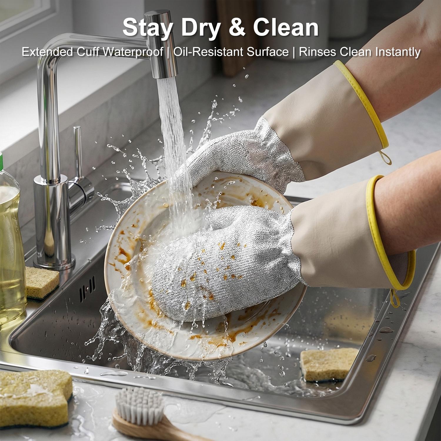2PCS Silver Wire Dishwashing Gloves, Non-Scratch Nylon Scrub Mittens with Leather-Look Long Cuff & Hanging Loop, Kitchen Cleaning Gloves for Dishes, Pots, Sink & Housework