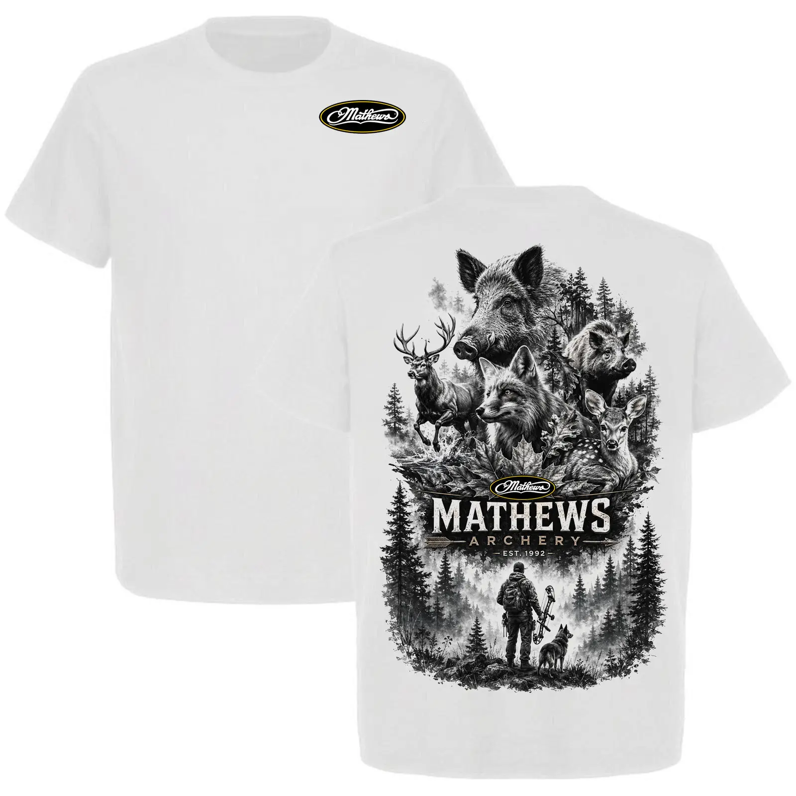 Mathews Archery Men's Wildlife Hunting T-Shirt - Wild Boar Deer Fox Fawn Forest Graphic Tee | Bowhunter With Dog Archery Shirt EST 1992