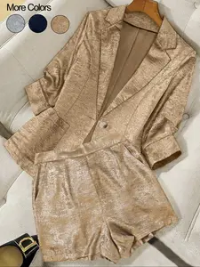 Two-Piece Set Women's Solid Color Blazer & Shorts, Casual Outerwear & Shorts for Daily Wear, Ladies Clothes for Summer Suits