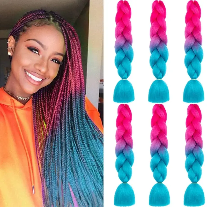 6PS Colored Braiding Hair Rainbow Hair Extensions Pre Stretched Braiding Hair Jumbo Box Braids High Temperature Synthetic Hair