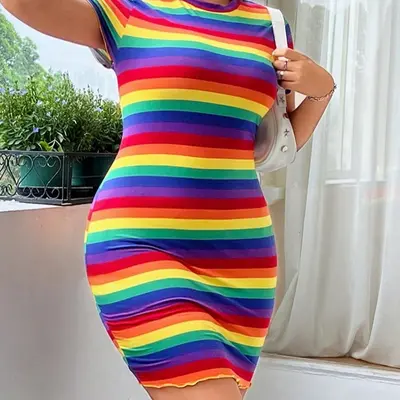 rainbow fashion plus size dresses Xpluswear Design Daily Sundress Graphic Round Neck Pocket Maxi No Cares Fashion Dresses Rainbow Plus Size