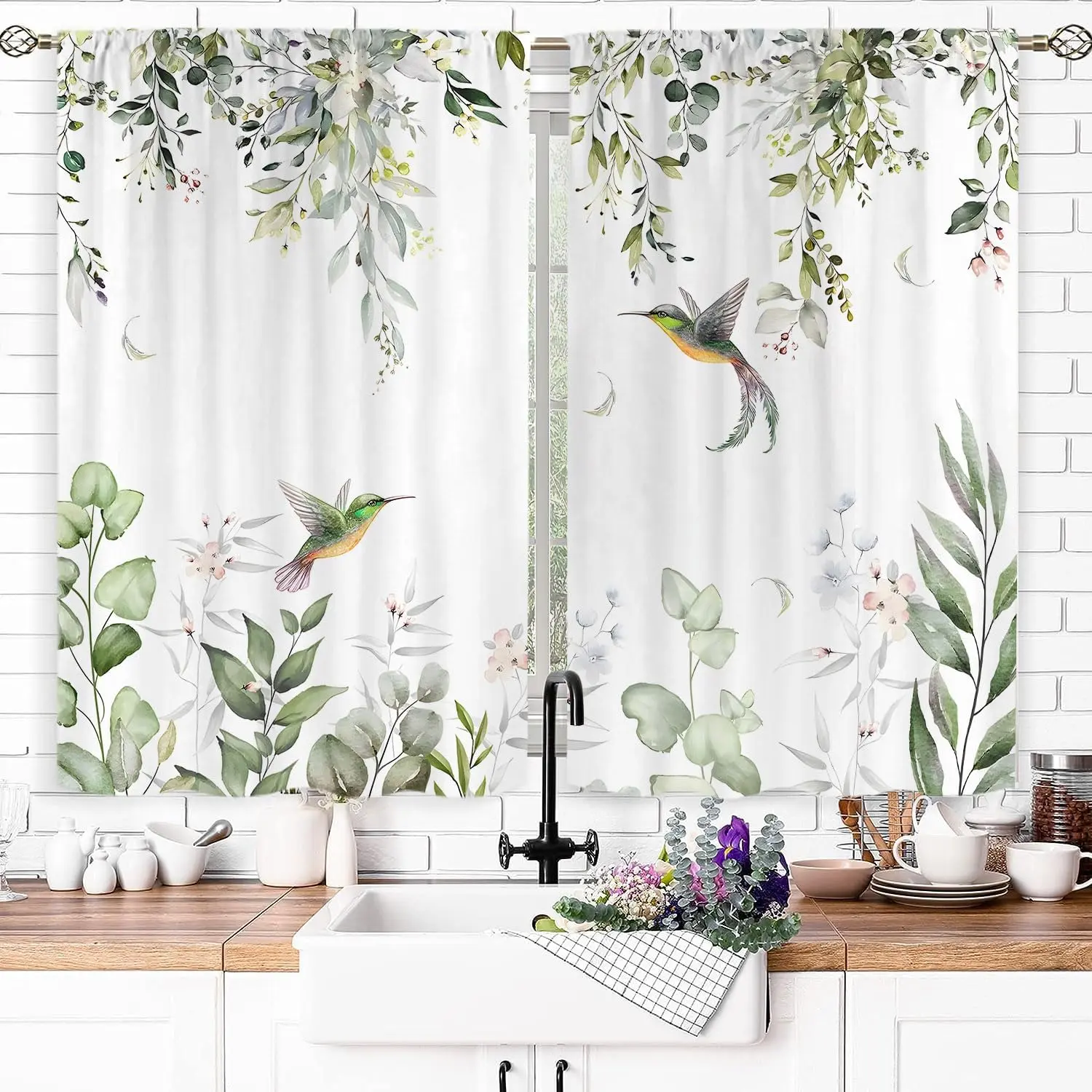 2-Panel No-Drill Rod Pocket Curtains, Watercolour Eucalyptus Green Leaf Motifs & Hummingbird Drapes (27.5x39in), Ready-to-Hang Kitchen Bath Plant-Themed RV Cafe Tiers, Machine Washable Cool Iron Home Soft Furnishings