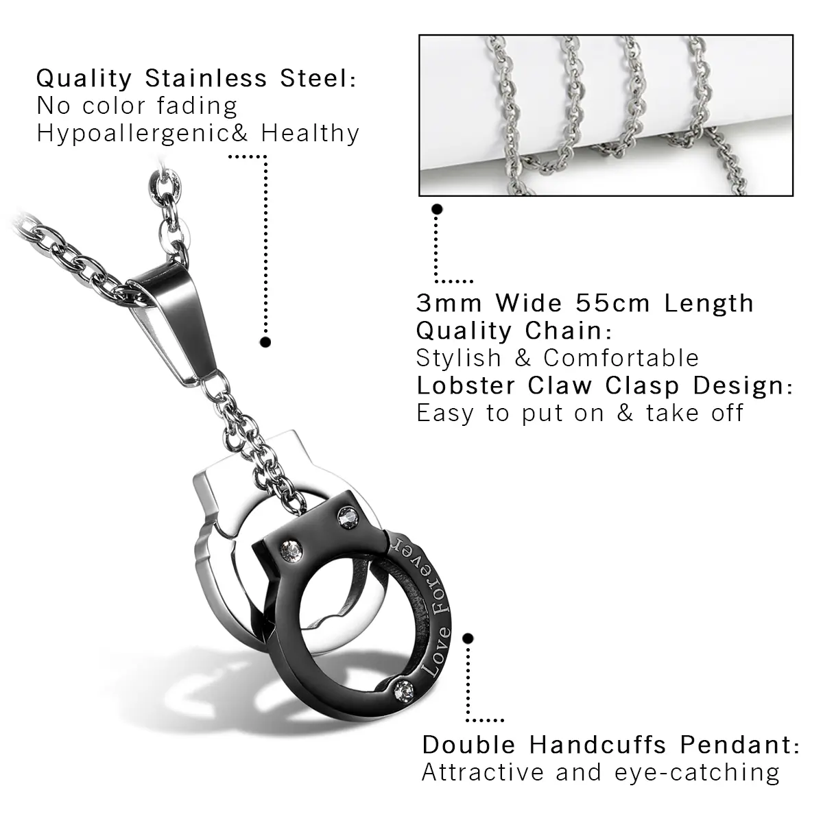 OIDEA Symbolic Handcuff Necklace for Couples, Stylish Stainless Steel Jewelry with Sparkling Accents, 22 in Chain, Valentine's Day Keepsake, Romantic Accessories, Anniversary, Hypoallergenic, Pendant, Long