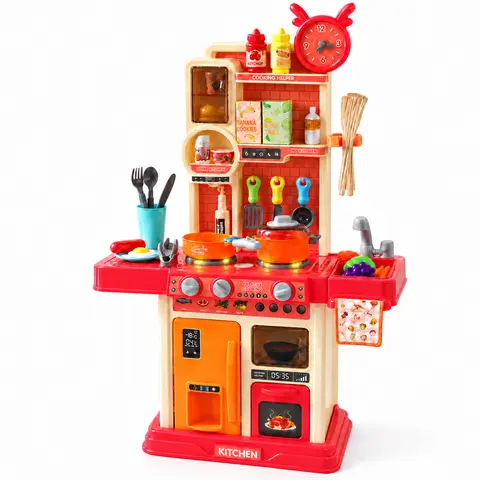 45-Piece Kids Play Kitchen with Faucet, Steam Effects, Lights & Sounds, Color-Changing Play Food and Cookware, Ages 3–4