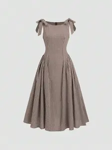 Sweetra Casual Plaid Cinched Waist Ruched Fitted Dress