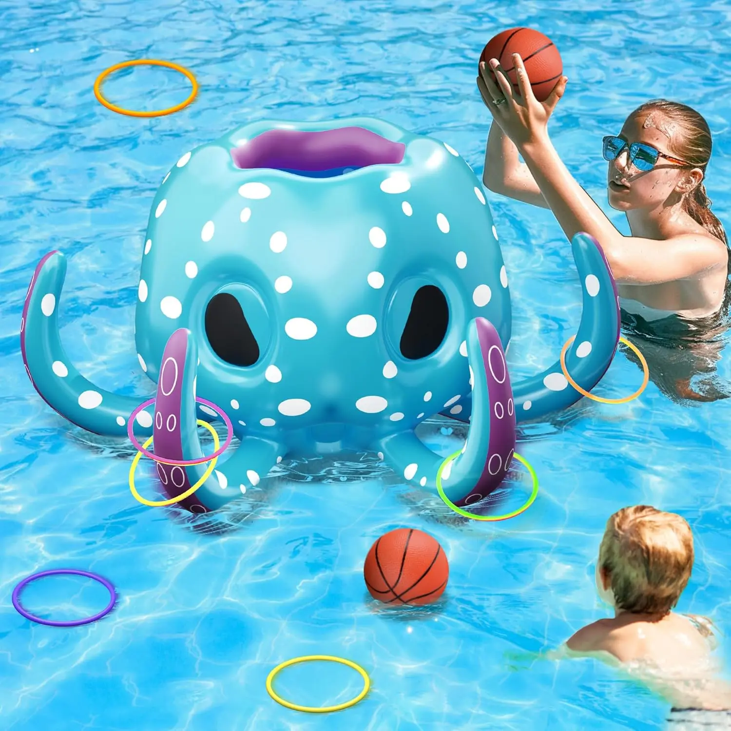 Unisex Kids 2-in-1 Octopus Inflatable Pool Toy - Manual Inflation, 2 Games (Sports Hoop Basketball, Ring Toss), 0.76kg, Easy to Handle, Fun Family Summer Outdoor Water Play Gift for 3-8 Year Olds