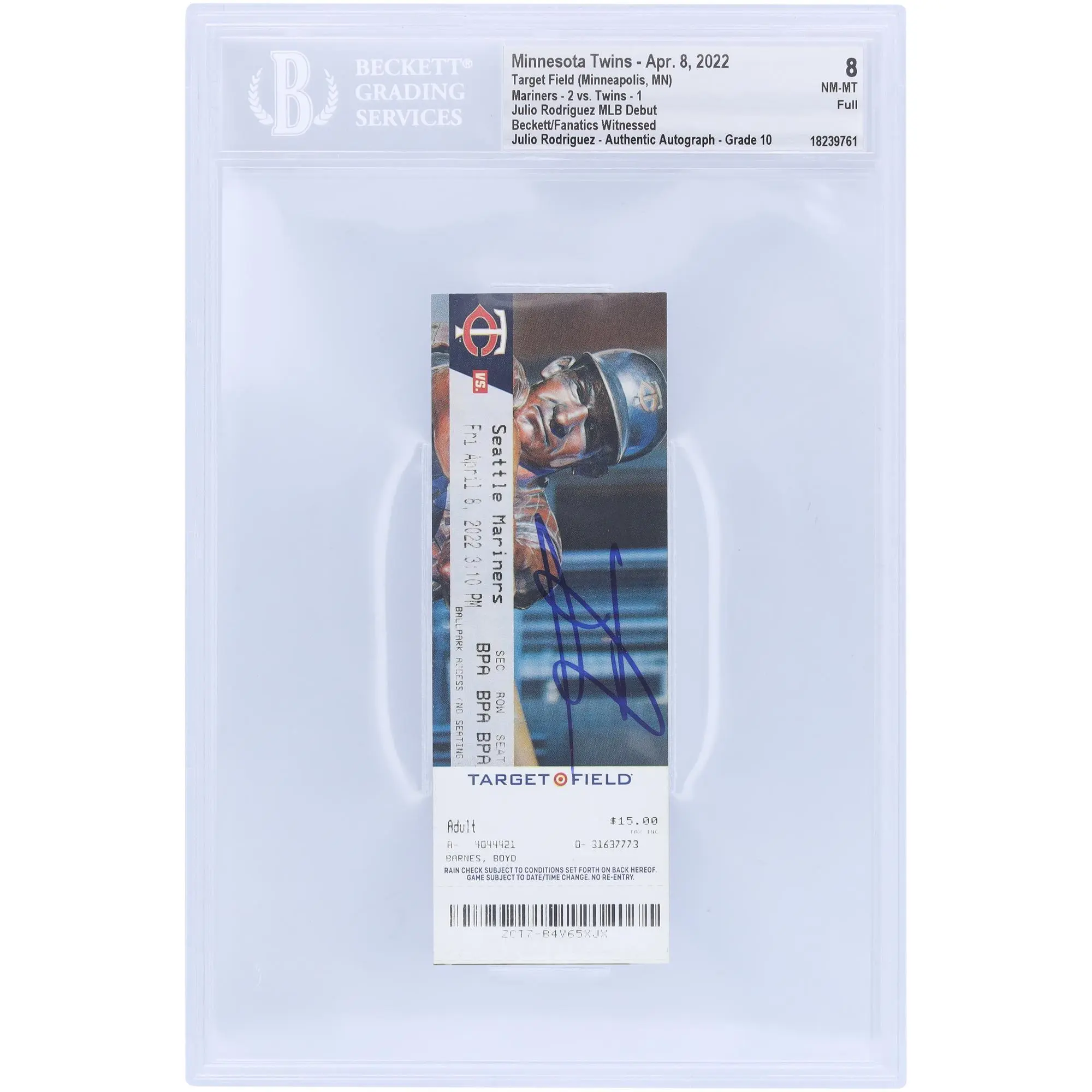 Julio Rodriguez Seattle Mariners Autographed April 8, 2022 MLB Debut Beckett Fanatics Witnessed Authenticated 8/10 Ticket - Fanatics Authentic Certified