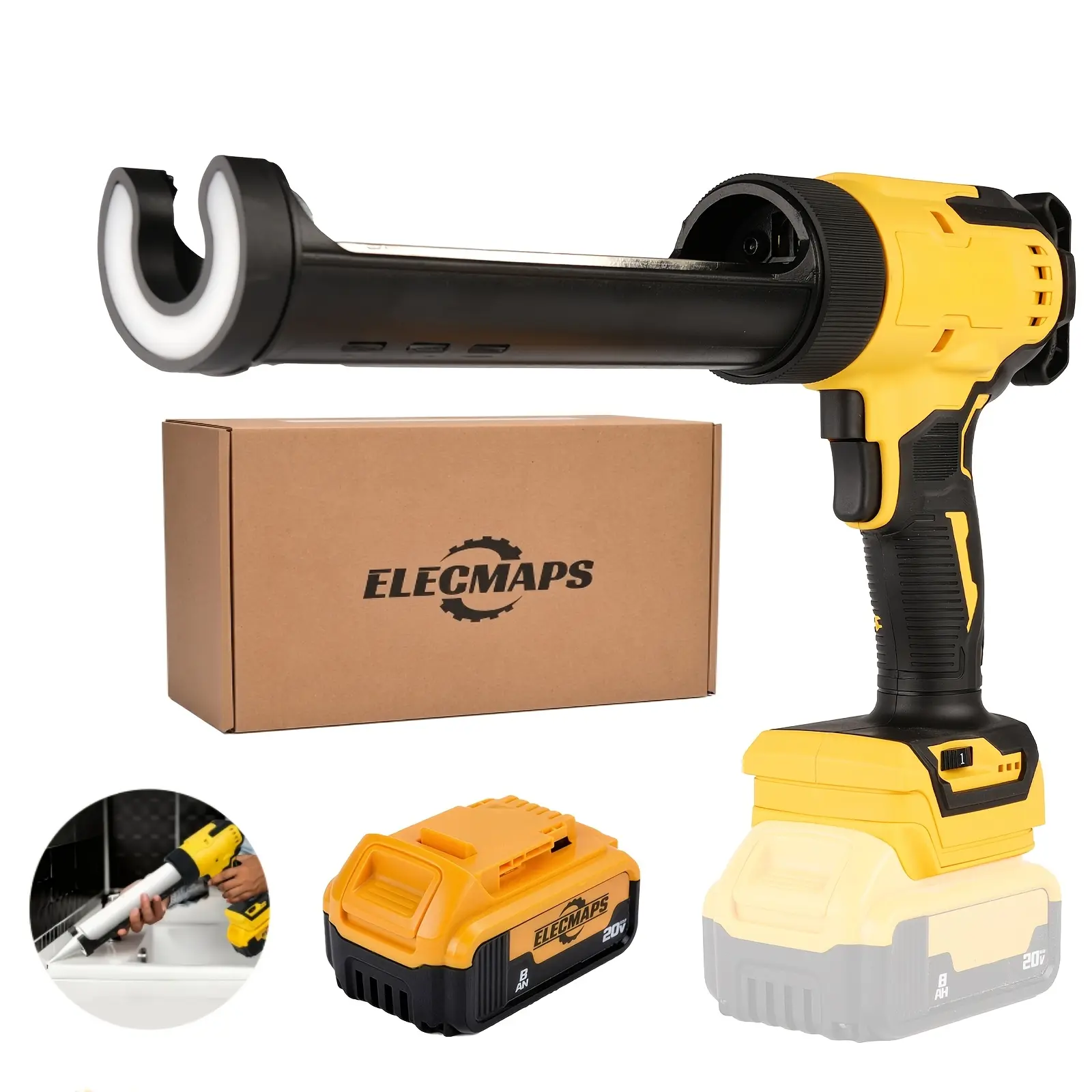ELECMAPS 20V Cordless Caulking Gun Tool - 4-Speed Settings, LED Light, Battery Compatible, Cordless Design for Construction, Decoration, Kitchen & Bathroom Seal Repair, Cartridge Application