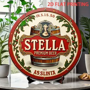2D Flat - 1pc Round Vintage Stella Premium Beer Decorative Wall Sign |   Retro Brewery Poster Art with Barrel Design - Heavy Barrel Accent - Door Hanging Decoration for Home, Bar,