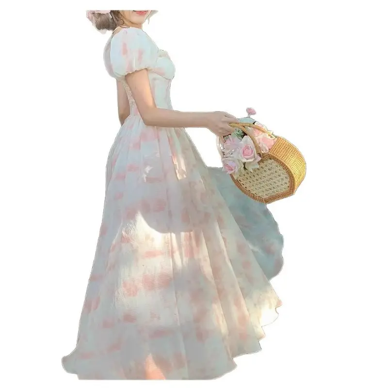 Square Neck Pink Fairy Dress, 2025 Summer New French Court Retro Puff Sleeve Midi A-Line Square Neck Pink Fairy Dress, 2025 Summer New French Court Retro Puff Sleeve Midi A-Line
