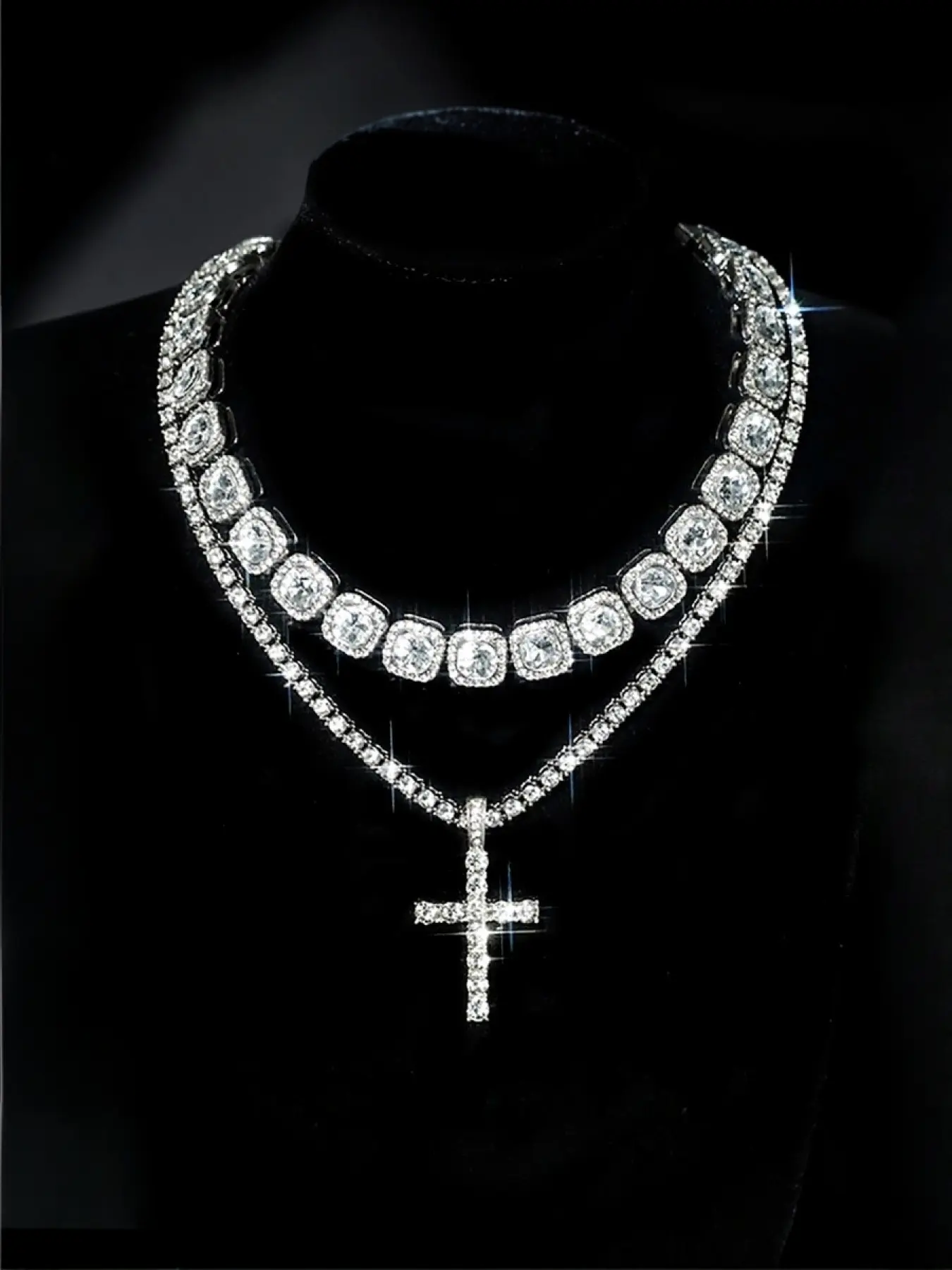 Fashionable and Simple Cross Pendant Necklaces, Moissanite European and American Hip-hop Style Necklace, Gold and Silver Color Available, Cross Design Chain Necklace, Ice Diamond Tennis Festival Necklace, Chunky Cross Necklace, Jewelry Set