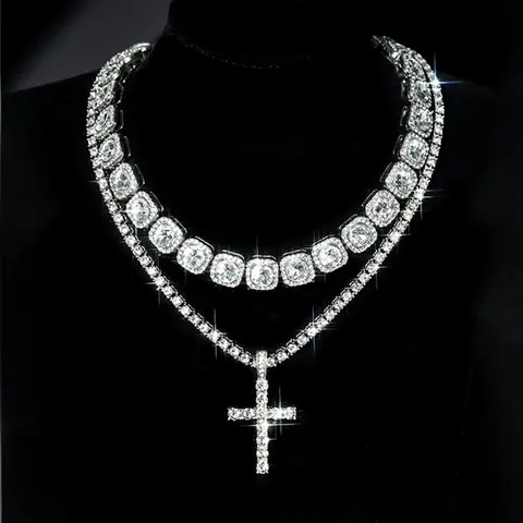Cross Pendant Necklaces, Statement Religious Necklace, Moissanite European and American Hip-hop Style Necklace, Gold and Silver Color Available, Cross Design Chain Necklace, Jewelry Set, Pendants Necklace Chains