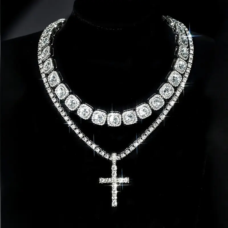 Cross Pendant Necklaces, Statement Religious Necklace, Moissanite European and American Hip-hop Style Necklace, Gold and Silver Color Available, Cross Design Chain Necklace, Jewelry Set, Pendants Necklace Chains