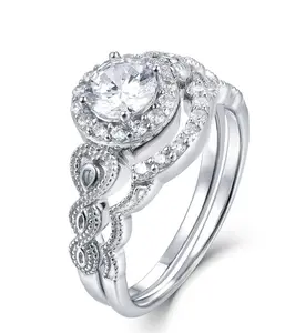 2PC Sterling Silver Round Cut Halo Cz Wedding Band Engagement Bridal Ring Set SS66