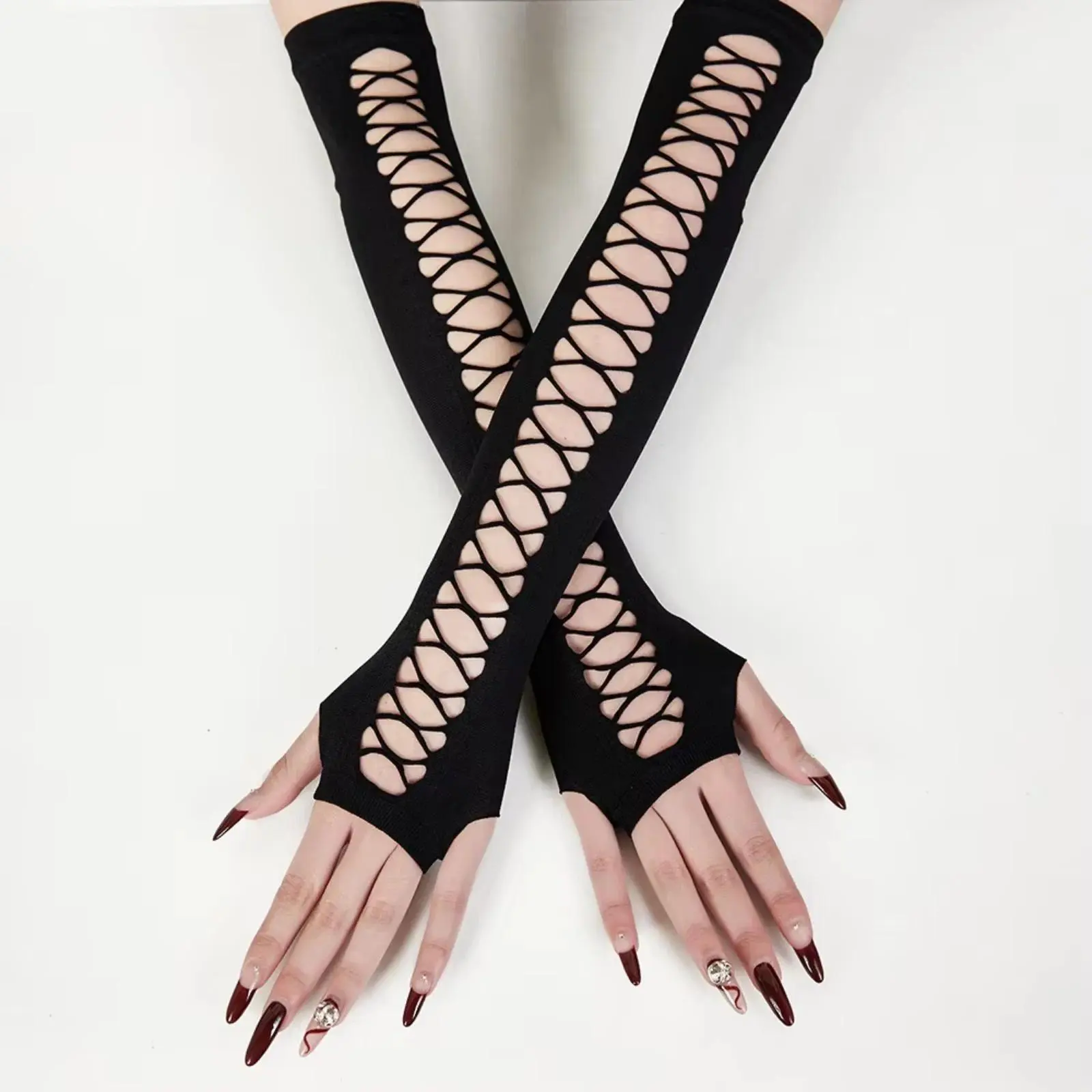 Women's Cutout Mesh Gloves, Fingerless Gothic Style for Nightclub Dancing & Themed Costume Events, Cutout Lace Women's Gloves, Sexy, Female, 2Pcs Black, No, Long Gloves