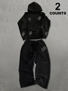 Men's Fashion Casual Two-Piece Set Outfit, Cross Pattern Hoodie and Drawstring Wide Leg Pants, Spring Fall Winter Sports Wear, Street Style