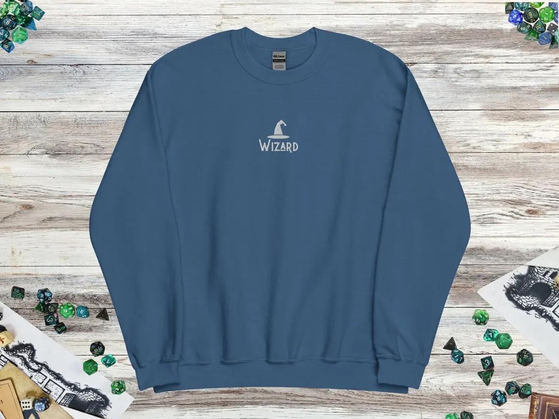 Embroidered DnD Wizard Class Crewneck Sweater, DnD Sweater, Dungeons and Dragons, DnD Gift, Men Women Unisex Sweater, Multiple Colors