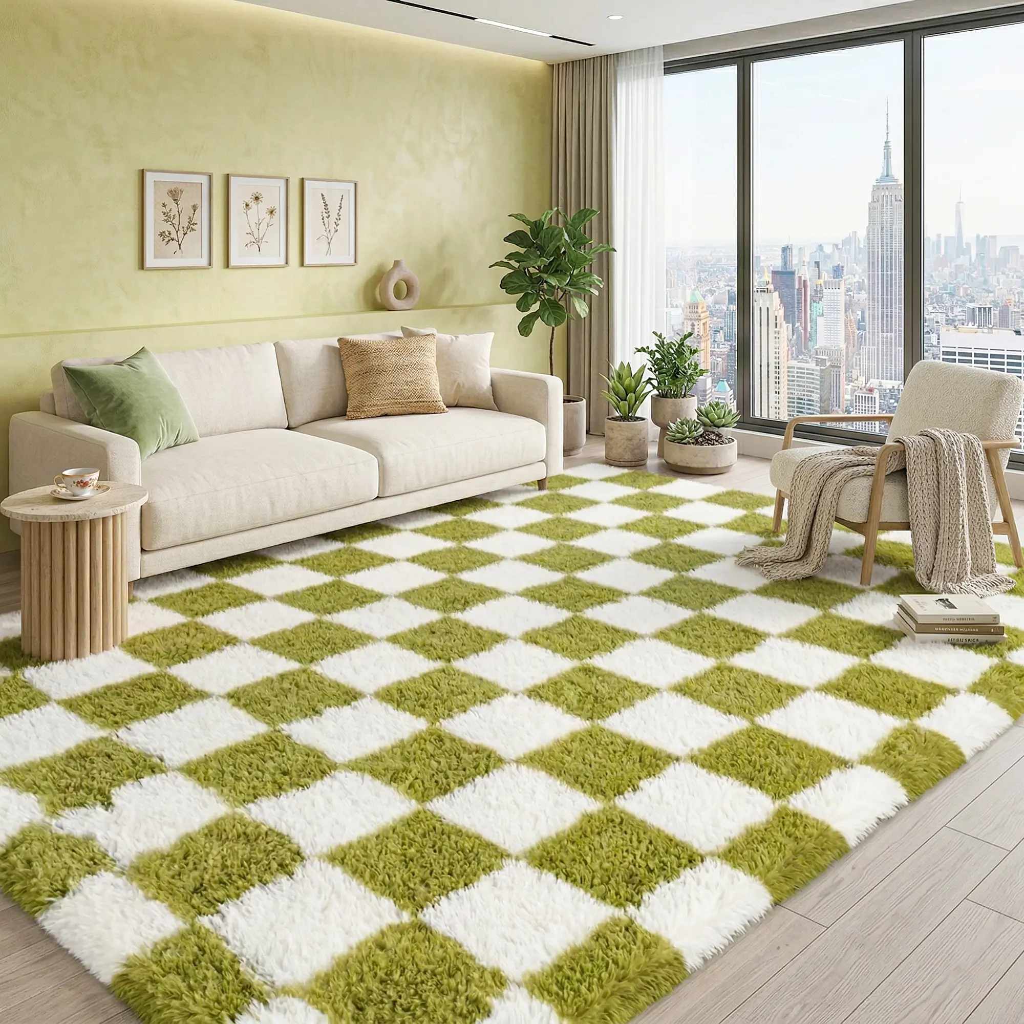 Colla Plaid Polyester Area Rug - Soft Fluffy Rectangle Anti-Skid Durable Shaggy Carpet, Cream White & Green Soft Rug Decor for Modern Living Room Apartment Indoor Use