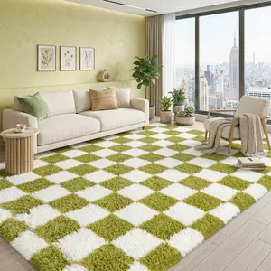 Colla Soft Fluffy Area Rug For Living Room Bedroom, Cream White and Green Checkered Plush Shag Non-Slip Rugs, Fuzzy Shaggy Accent Carpets For BedRooms, Modern Apartment Dorm Indoor Furry Decor