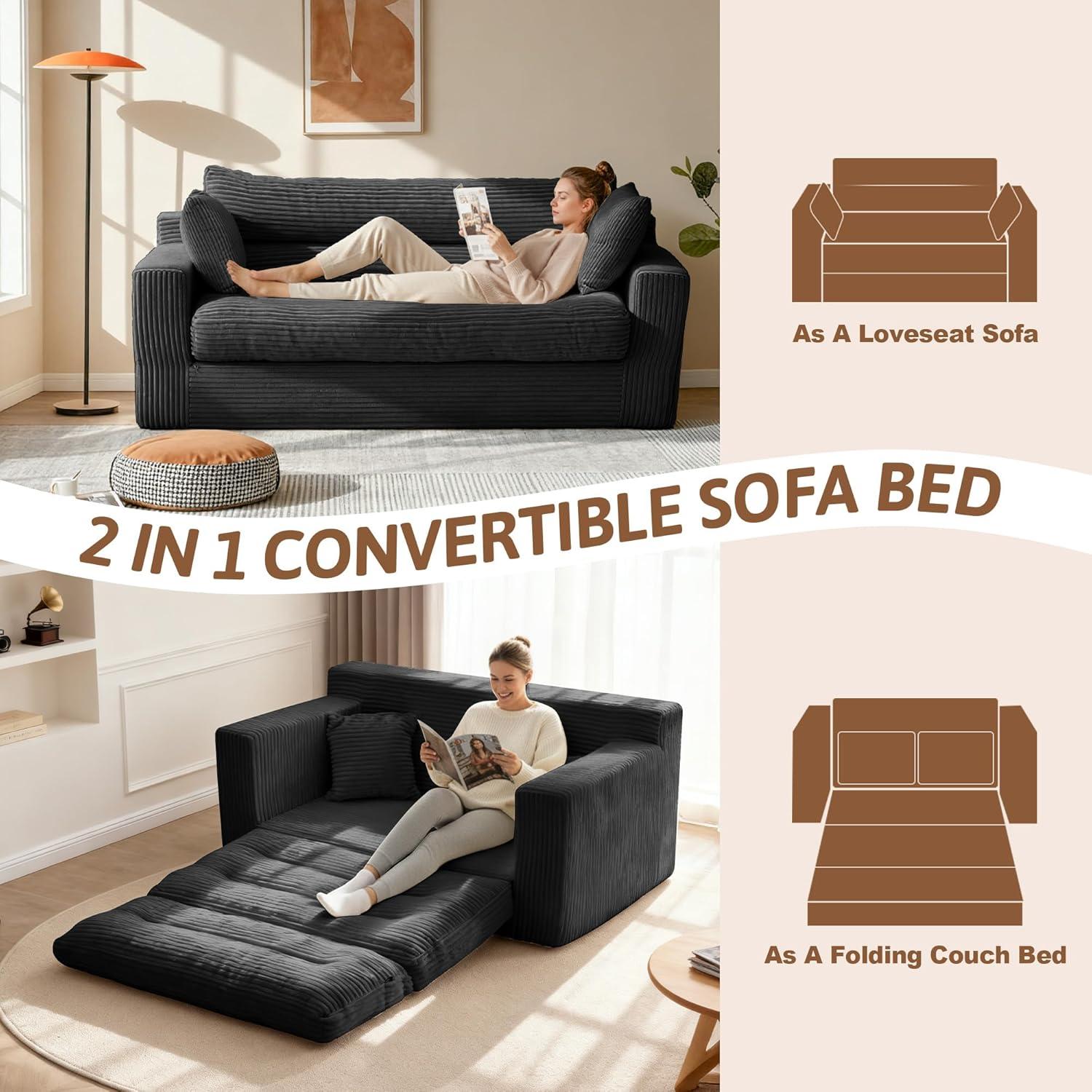 Winzoo Convertible Sofa Bed, Pull Out Boneless Couch Loveseat Floor Sofa Bed with Pillows, 2-Seater Folding Sofa Loveseat Boneless Couch for Living Room, Bedroom, Apartment, Office(Grey)