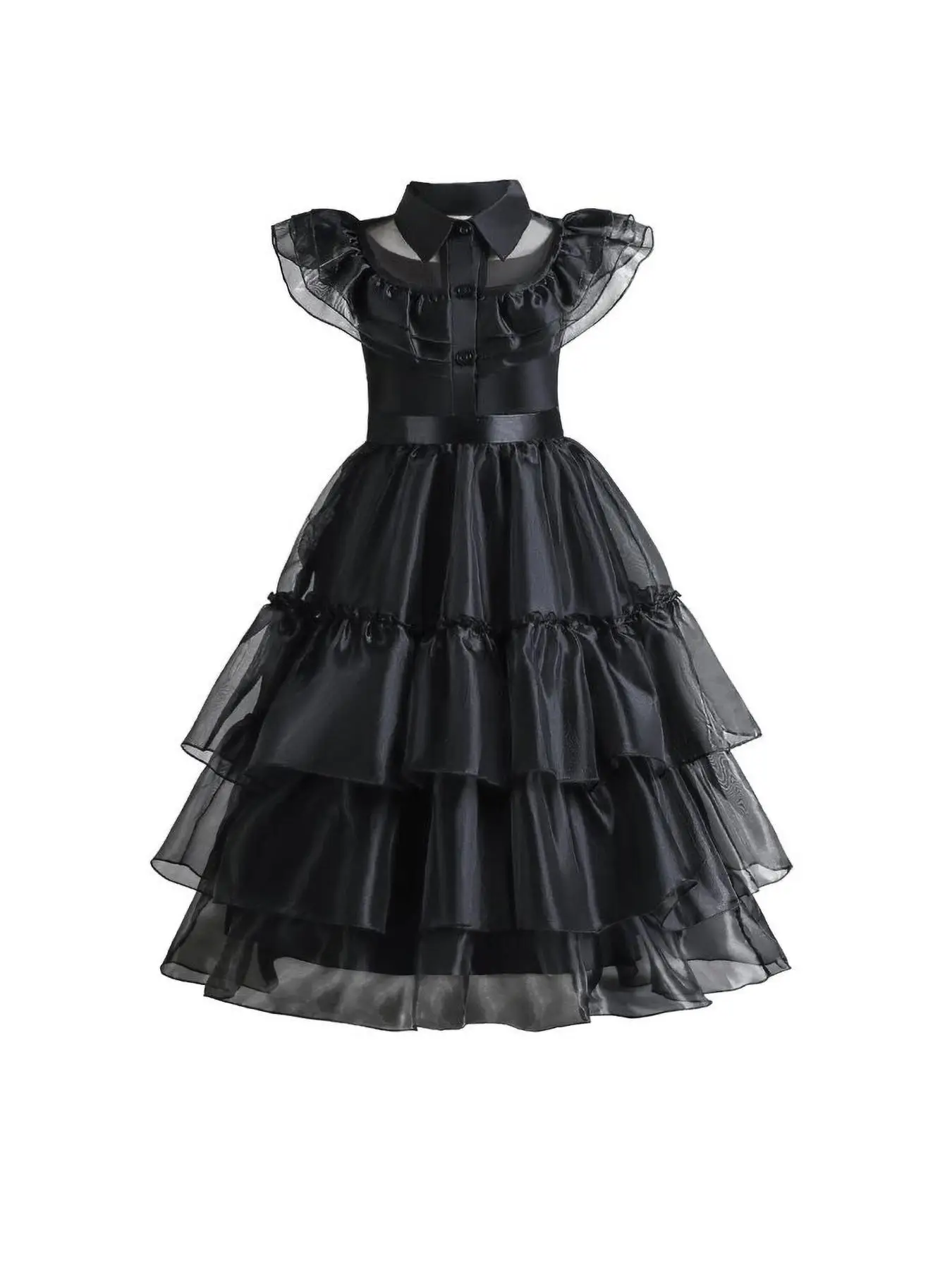 Girls' Contrast Mesh Ruffle Trim Tiered Layer Dress, Elegant Butterfly Sleeve Collar A Line Dress for Party, Kids Clothes for All Seasons