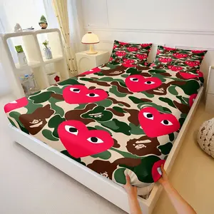 3Pcs Camouflage and Bright Red Hearts Printed Fitted Sheet Set, Bedsheet sets, Bedding Set for Kids and Teens, Soft and Breathable Microfiber Material, Bedroom Decor, Includes 2 Pillowcases, No Pillow Core