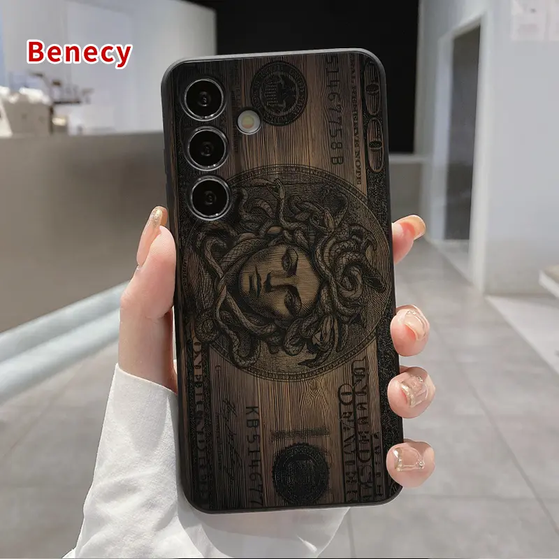 Money Medusa Wood Pattern Straight Edge Phone Case Compatible with Samsung Galaxy S26 Ultra S24 S23 Plus S25 S22+ Shockproof Full Camera Protection Durable Slim Liquid Silicone Cover Smartphone Casing