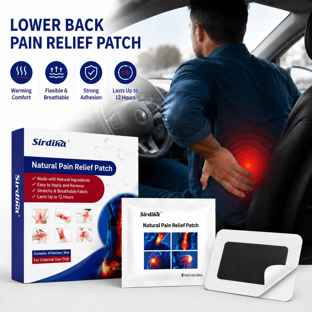 Sirdika Lower Back Pain Relief Patch for Driving, Long Standing & Work Shift – Strong Adhesion Warming Comfort Patch