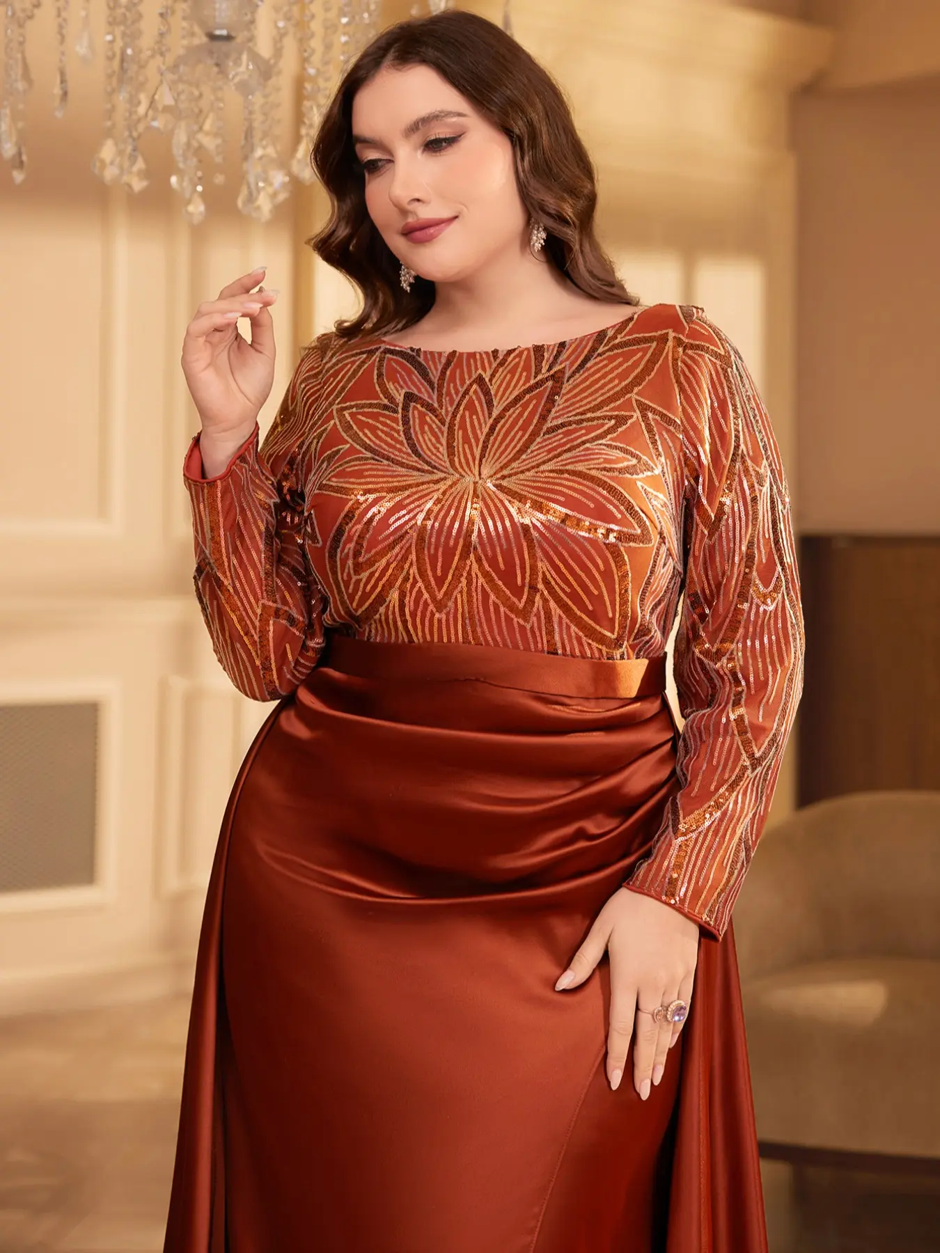 Elegant Embellished Long Sleeve Satin Maxi Dress, Round Neck High Slit Formal  Evening Gown, Luxurious Ruched Waist Fit Party Dress, Lady Womenswear -  TikTok Shop