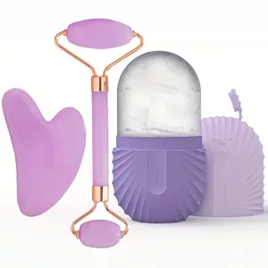 3 in 1 Ice Face Roller Facial Skincare Set, Facial Care Instrument, Facial Roller Gua Sha Face Tool, Skin Care Beauty Tool, Face Massage Lifting Contouring Tool, Ice Roller Mold Cube, Reusable & Leakproof, Silicone, Resin, Purple