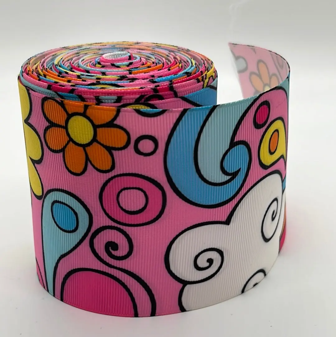Hippie Pink Floral Splash 3" Rainbow Printed Ribbon Sold by the Yard