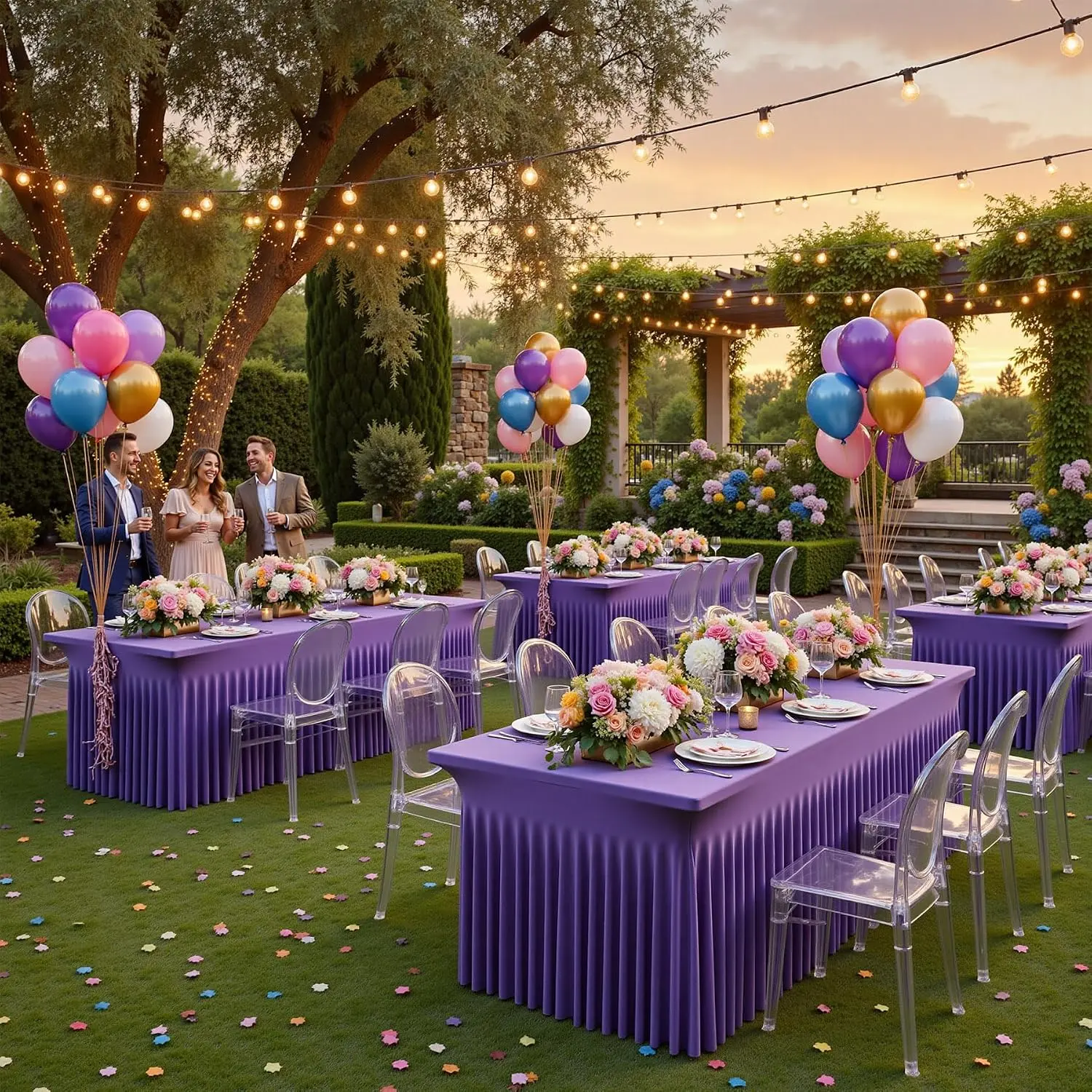 6ft-4 Packs Purple Stretchy Polyester Fitted Tablecloths - Wrinkle Resistant, Durable, Reusable, Quality Stitching, Flexible Party Decoration Supplies for Weddings, Baby Shower