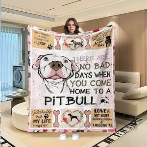 Pet Healing Style Pitbull Print Flannel Blanket, Light Patchwork Base Color, Large Size Dog Head Image, Soft Flannel Material