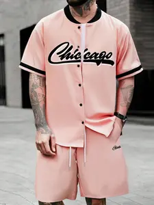 Men's Chicago Print 2-Piece Set, Short-Sleeve Button-Up Baseball Jersey & Drawstring Shorts, Casual Summer, Streetwear Fashion, Baseball Shirt
