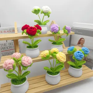 Handmade Crochet Artificial Rose Plant Pot Multicolor Options for Desktop Car Decoration Valentine's Day Gift Universal Setting