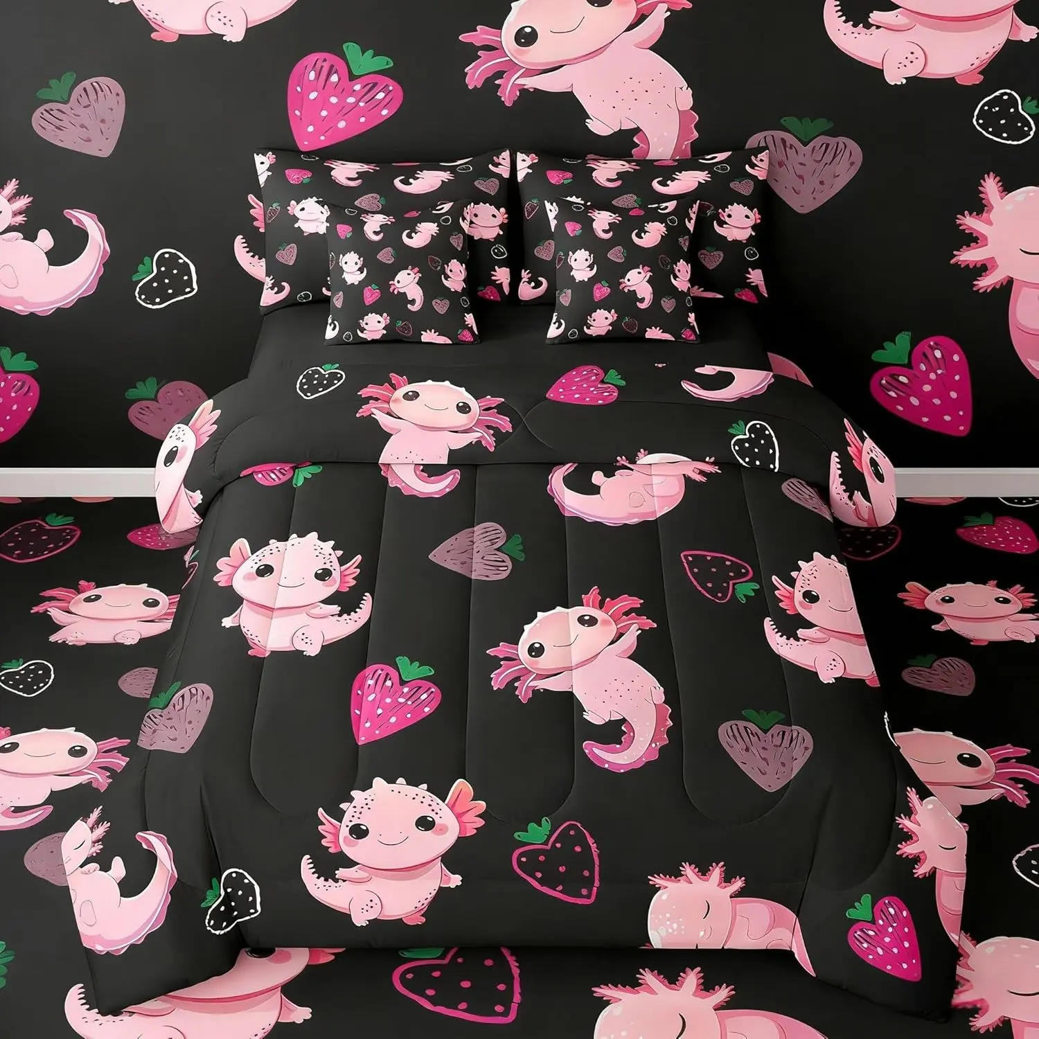 Comforter Set with Sheets 7 Piece Cute Axolotl Bedding Set for Kids Boys Girls Cartoon Salamander Bed in a Bag Kawaii Ocean Sealife Room Decor Strawberry Soft Microfiber Pink Black
