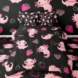 Comforter Set with Sheets 7 Piece Cute Axolotl Bedding Set for Kids Boys Girls Cartoon Salamander Bed in a Bag Kawaii Ocean Sealife Room Decor Strawberry Soft Microfiber Pink Black