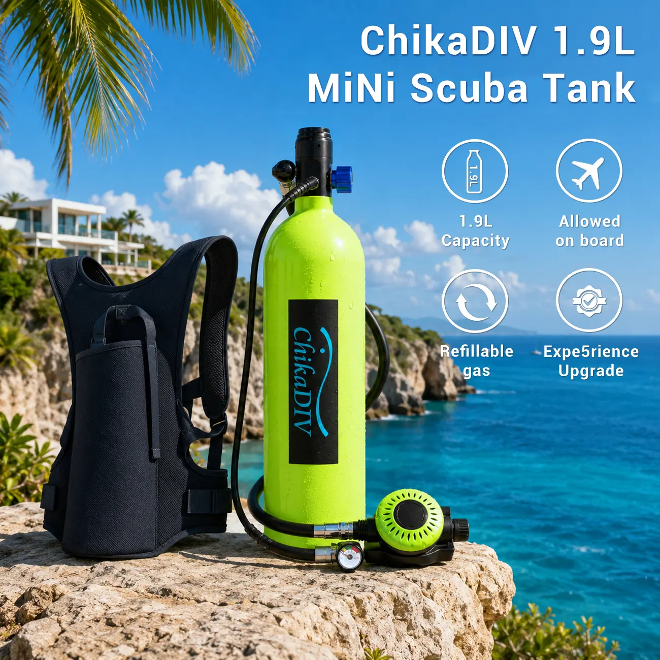 ChikaDIV 1.9L Mini Scuba Tank , Portable Summer Water Adventure Gear for Beach Vacations, Snorkeling Fun, Pool Training, Shallow Diving, Outdoor Water Play & Underwater Exploration
