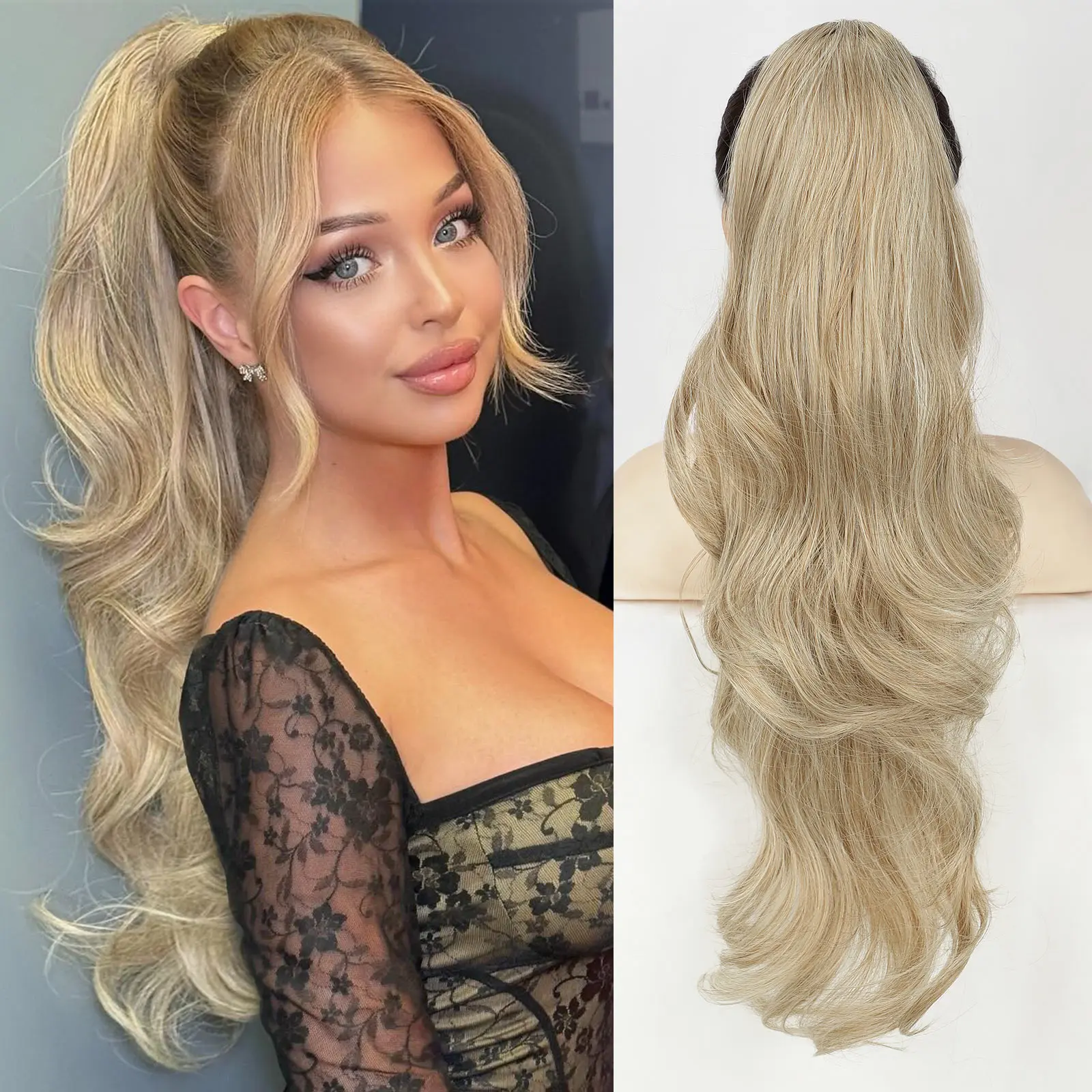 Women's 26-Inch Long Wavy Ponytail Hairpiece - Drawstring Clip-In Synthetic Extensions, Natural-Looking Heat-Resistant Soft Fibers