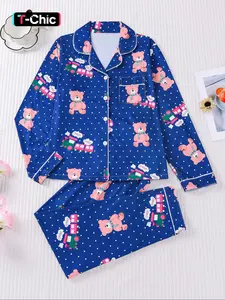 Women's Bear Train Print Pajama Set, rumi choo Casual Fall & Winter Sleepwear, Comfortable Long Sleeve Top & Elastic Pants, Home & Outdoor Wear, Loungewear, Nightwear Lounge Set