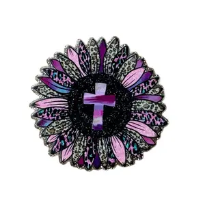 Acrylic Add On for Badge Reel - Personalized Design with Cross Motif & Colorful Petals - Versatile Adhesive Options Included