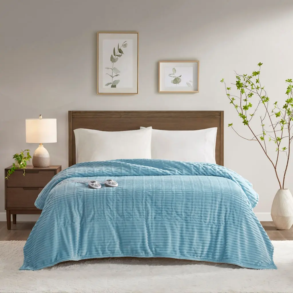 Serta ST54-0293 King Size Solid Cord Plush Heated Blanket - Blue, 100x90x0.25 in, 10 Heat Settings, Dual Temperature Zones, 1-12 Hour Auto Shutoff Timer, Machine Washable, Overheating Protection, Corded Plush