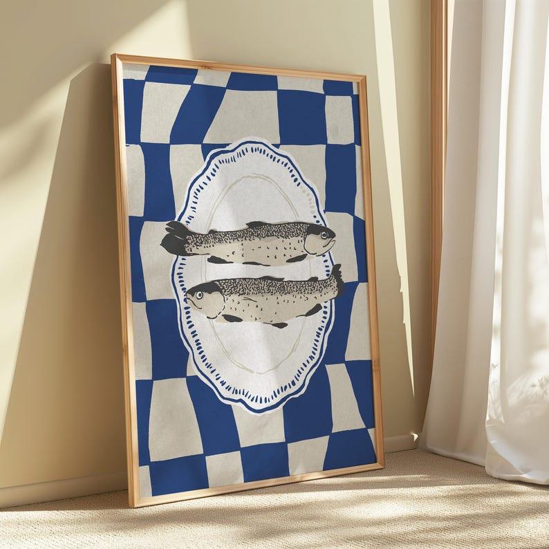 Sardines Poster, Blue Sardines Wall Art, Retro Sardines Print, Blue Checkered Print, Fish Kitchen Decor, Dining Room Decor, Retro Kitche