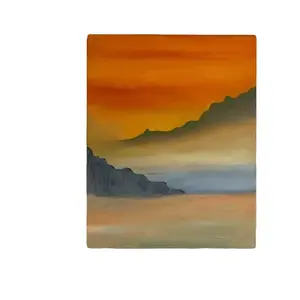 Handmade Original Mountain Paint on Canvas Signed by Original Artist Acrylic Artwork Featuring Orange Sky and Mountain Landscape Decor Artistic Room Wall Painting Decoration Ornaments Photo