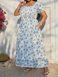 【Plus Size】 Ditsy Floral Print Pocket Dress, Boho Fashion Casual Long Dress for Daily Holiday Vacation Wear, Women Plus Clothing for Summer, Bohemian Print Dresses