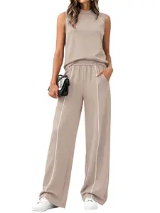 BTFBM Two-Piece Sets for Women Summer Outfits 2026 Lounge Sets Mock Neck Tops Wide Leg Pants Travel Fashion Clothing