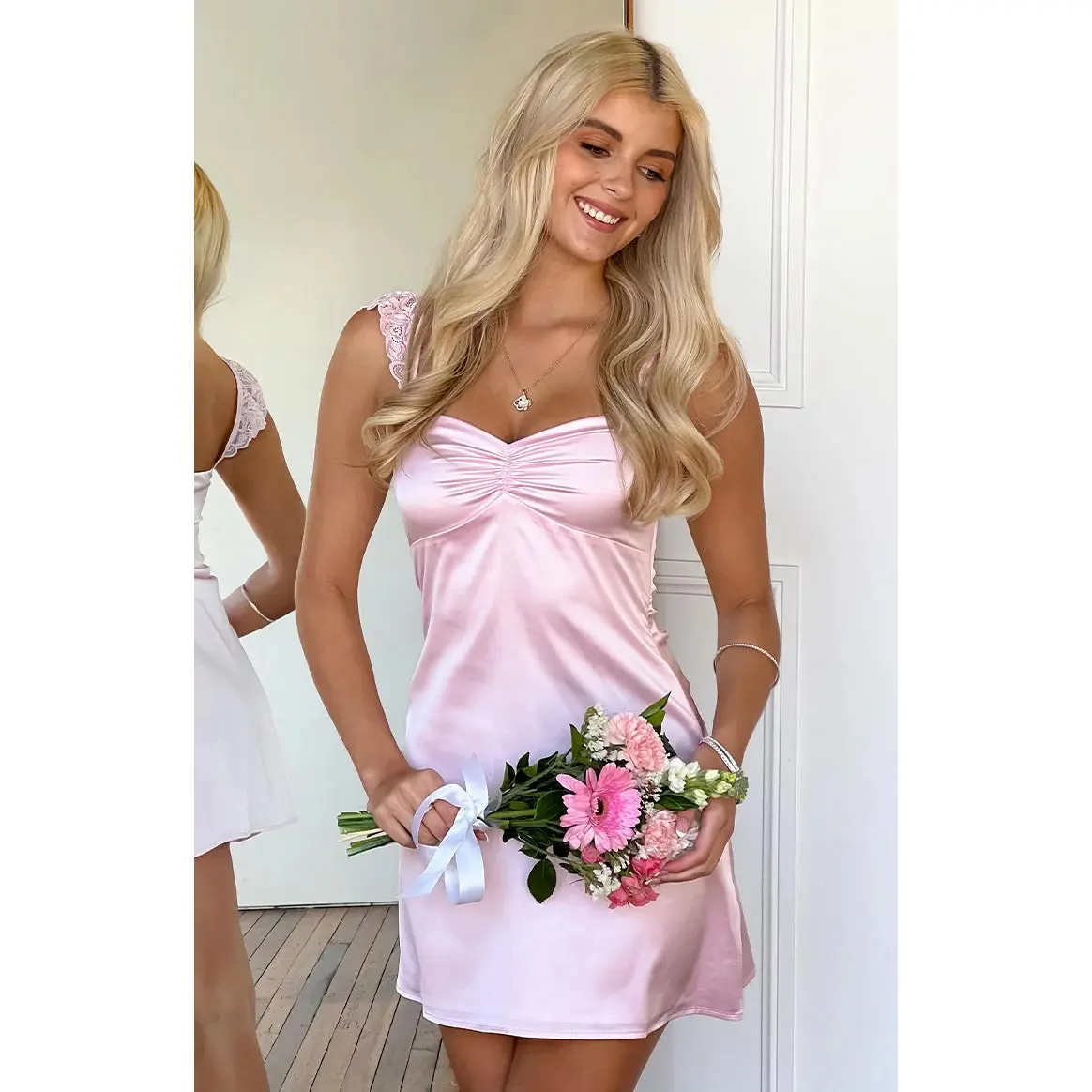 open lace back dress Hyacinth House Pink Plisse Coolidge Mini Dress Pink Plisse / M main image 0