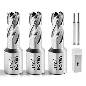 fathersdaygift VEVOR Annular Cutter Set, 5 pcs Weldon Shank Mag Drill Bits Kit, 1 Cutting Depth, 1/2 Cutting Diameter, HSS, 3 Drill Bits with 2 Pilot Pins and 3 Plastic Cases, for Magnetic Drills, Steel, Aluminum