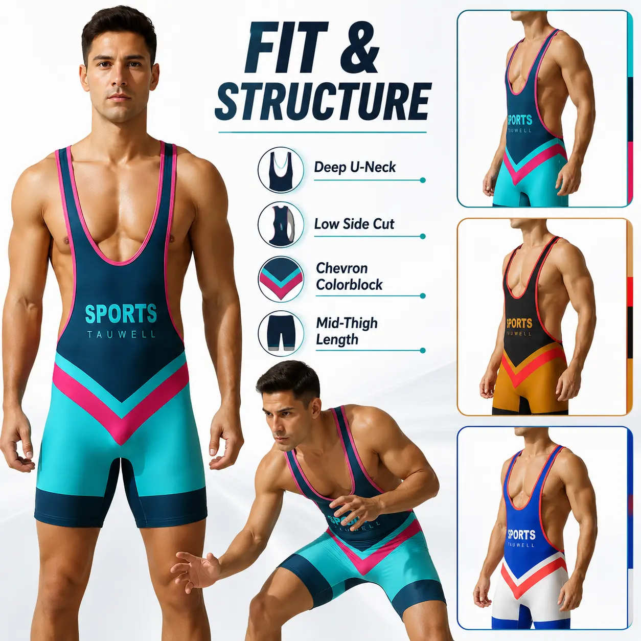 Tauwell Men's Wrestling Singlet, 3-Color Colorblock One-Piece Athletic Bodysuit, Deep U-Neck Sleeveless Mid-Thigh Gym Workout Outfit for Wrestling, Weightlifting, Powerlifting, Training, Fitness & Performance-25704
