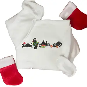 Christmas Cats Custom Embroidered Sweatshirt- T-Shirt Vinyl, Soft, Cotton, Polyester, Cute, Loose Casual Crewneck, Festive, Comfy, Hoodie